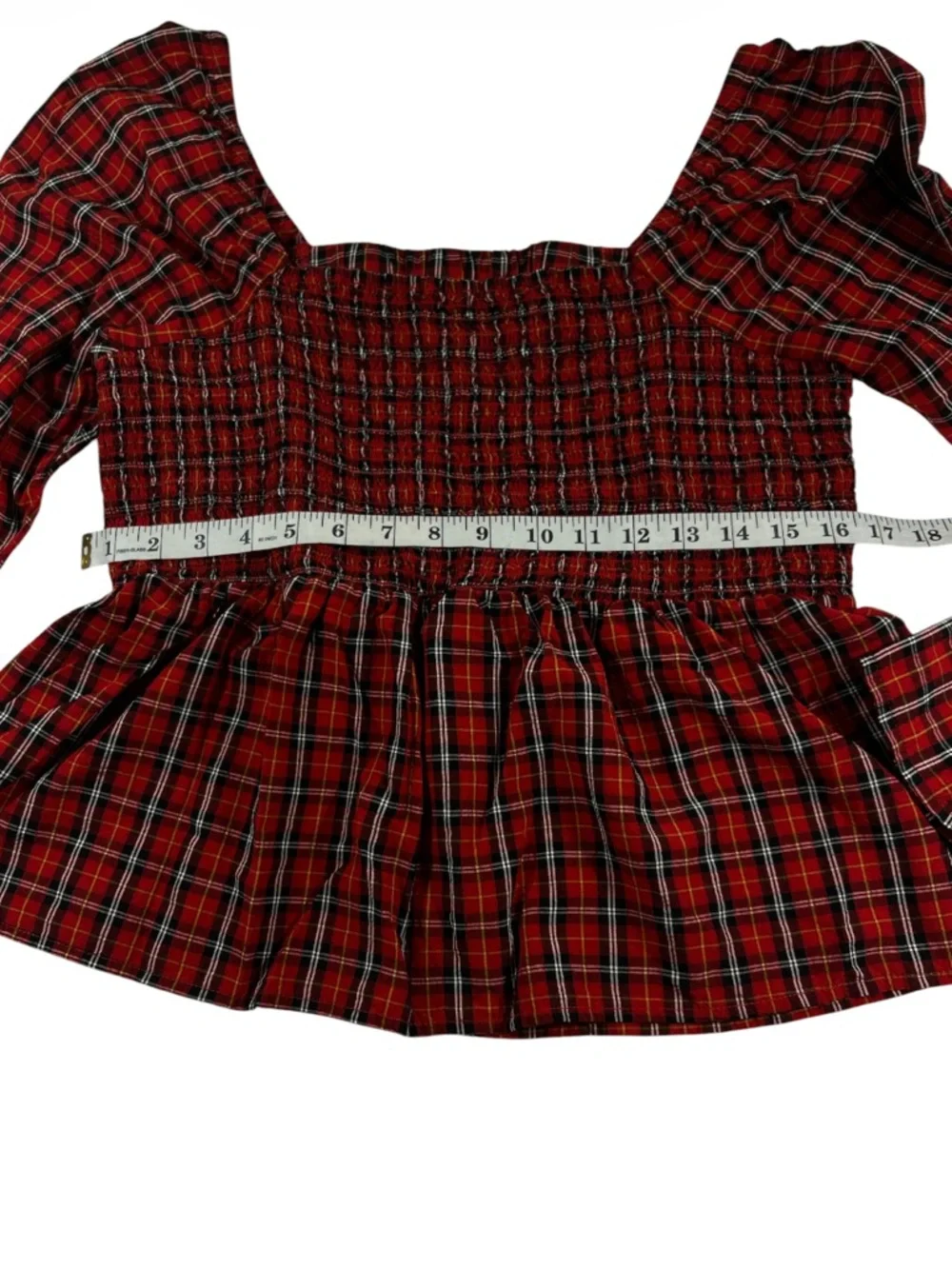 Old Navy Red Plaid Smocked Puff Sleeve Peplum Top Size L